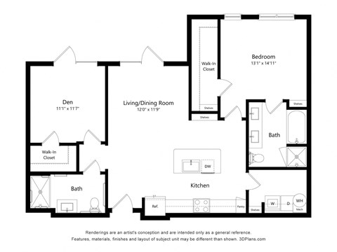 Floor plan for 2 beds, 2 baths, 1102 sqft